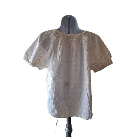Loft Womens Blouse S White Smocked Neck Textured Short-Sleeve Minimalist Preppy - Picture 2 of 7
